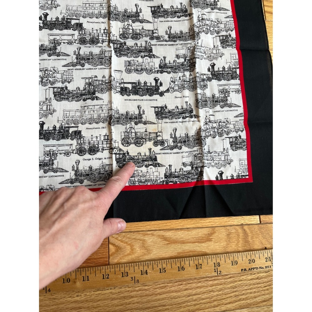 Vintage Steam Locomotive Train Print Square Scarf Black Red White 21x21 - Picture 2 of 5